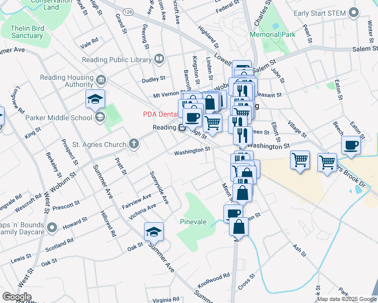 map of restaurants, bars, coffee shops, grocery stores, and more near 87 Washington Street in Reading