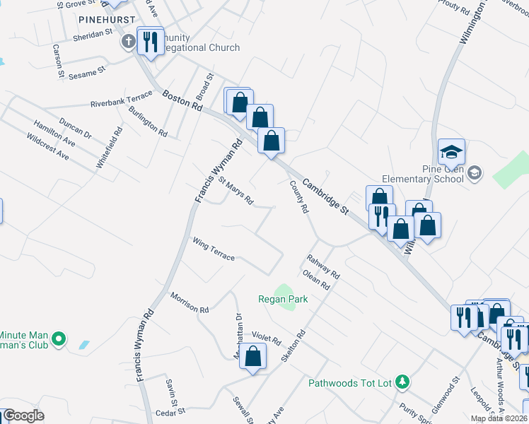 map of restaurants, bars, coffee shops, grocery stores, and more near 15 Saint Marys Road in Burlington