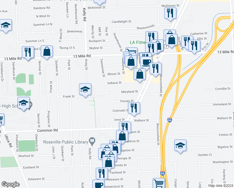map of restaurants, bars, coffee shops, grocery stores, and more near 19106 Maryland Street in Roseville
