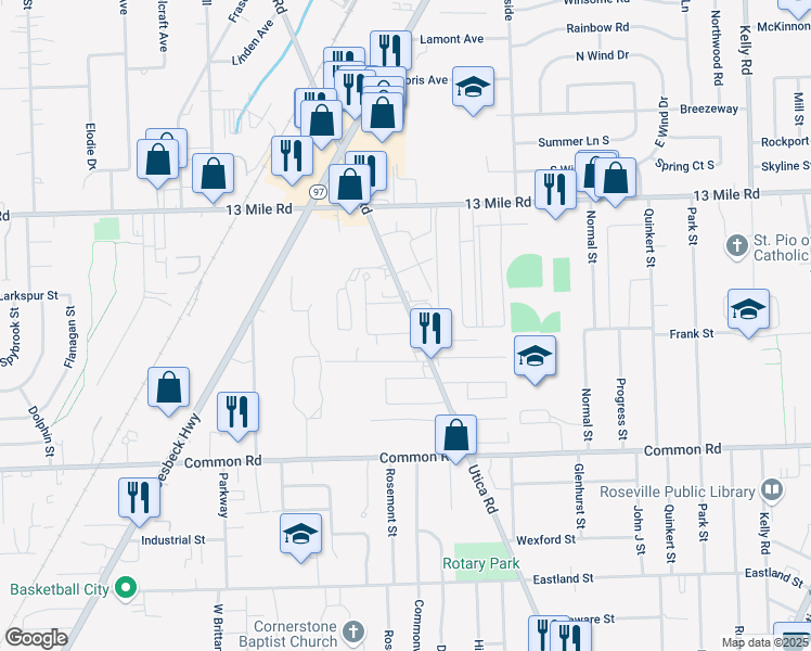 map of restaurants, bars, coffee shops, grocery stores, and more near 30521 Utica Road in Roseville