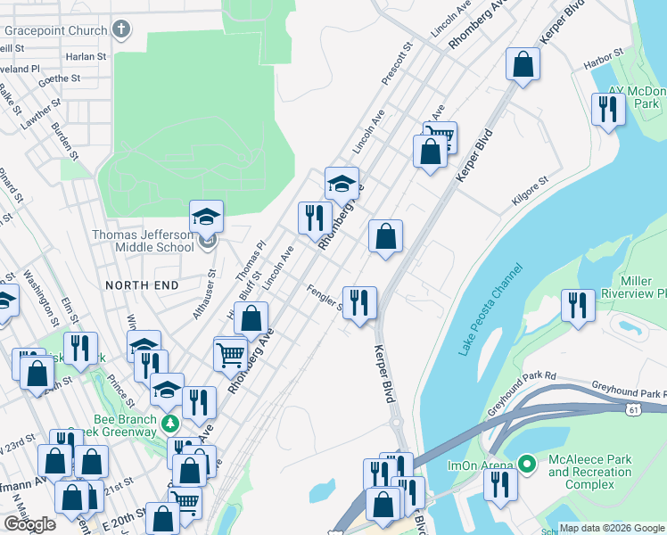 map of restaurants, bars, coffee shops, grocery stores, and more near 1211 Garfield Avenue in Dubuque