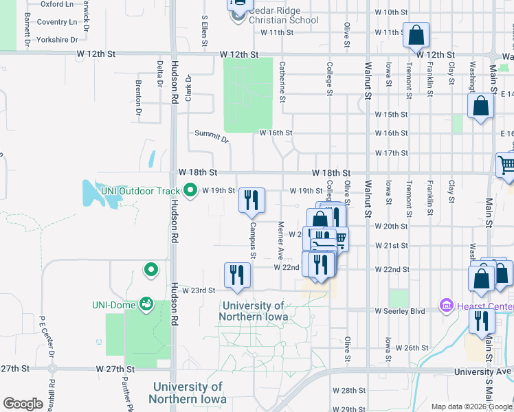 map of restaurants, bars, coffee shops, grocery stores, and more near 1215 West 20th Street in Cedar Falls