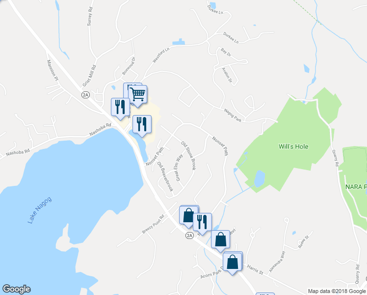map of restaurants, bars, coffee shops, grocery stores, and more near 535 Old Stone Brook in Acton