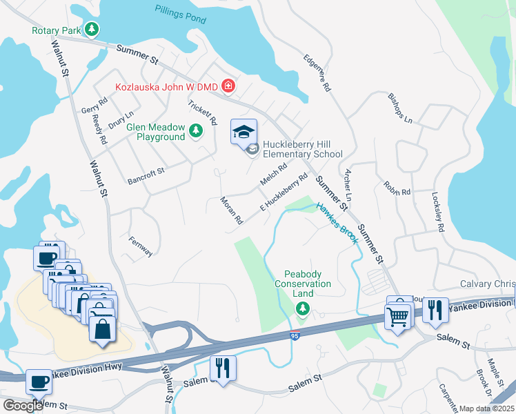 map of restaurants, bars, coffee shops, grocery stores, and more near 18 East Huckleberry Road in Lynnfield