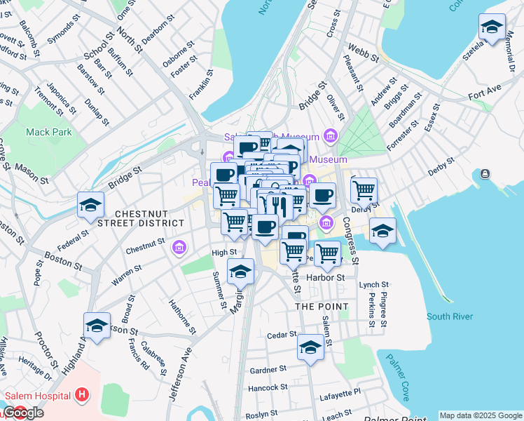 map of restaurants, bars, coffee shops, grocery stores, and more near 139 Washington Street in Salem