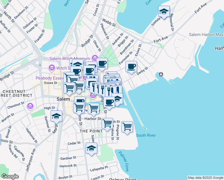 map of restaurants, bars, coffee shops, grocery stores, and more near 57 Wharf Street in Salem