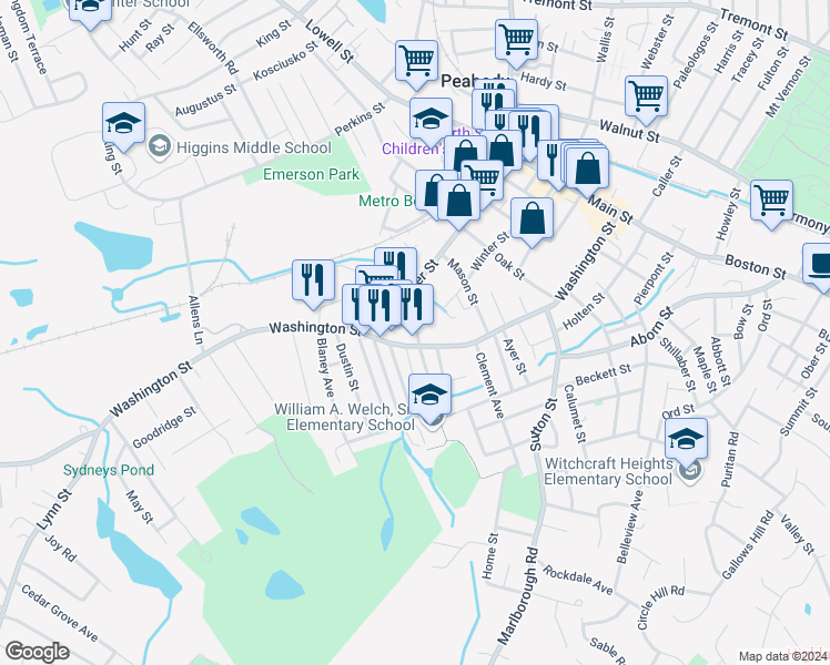 map of restaurants, bars, coffee shops, grocery stores, and more near 133 Washington Street in Peabody