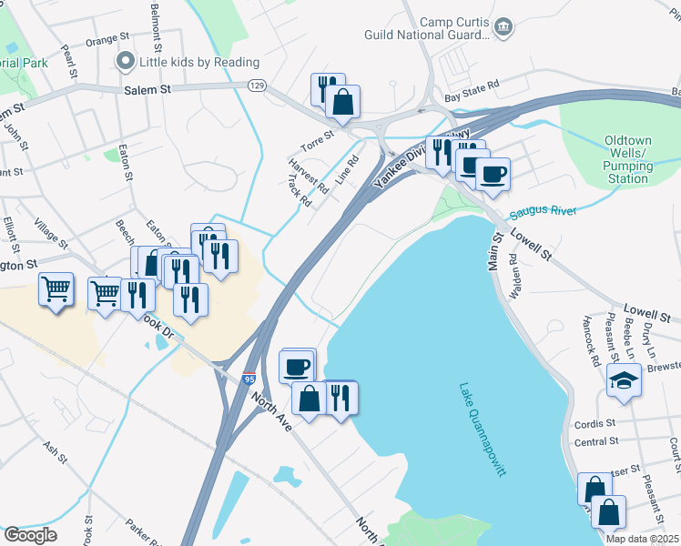 map of restaurants, bars, coffee shops, grocery stores, and more near 390 Quannapowitt Parkway in Wakefield