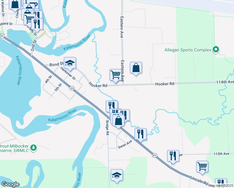 map of restaurants, bars, coffee shops, grocery stores, and more near 313-399 114th Ave in Allegan