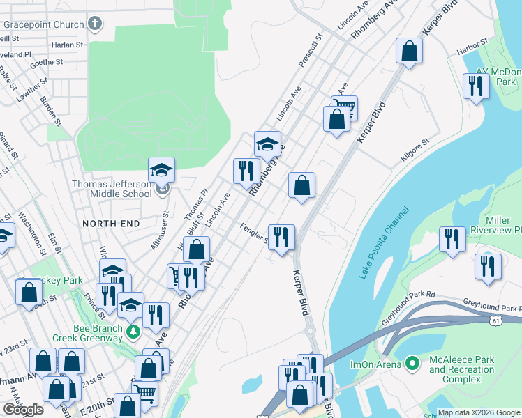 map of restaurants, bars, coffee shops, grocery stores, and more near 1211 Garfield Avenue in Dubuque
