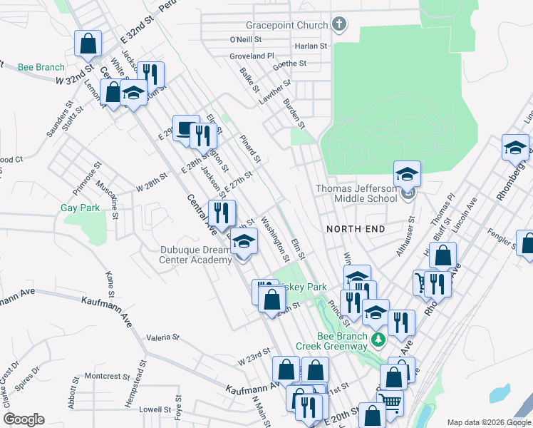 map of restaurants, bars, coffee shops, grocery stores, and more near 2571 Elm Street in Dubuque