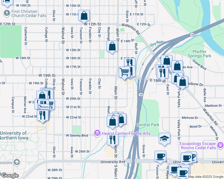 map of restaurants, bars, coffee shops, grocery stores, and more near 1925 Main Street in Cedar Falls