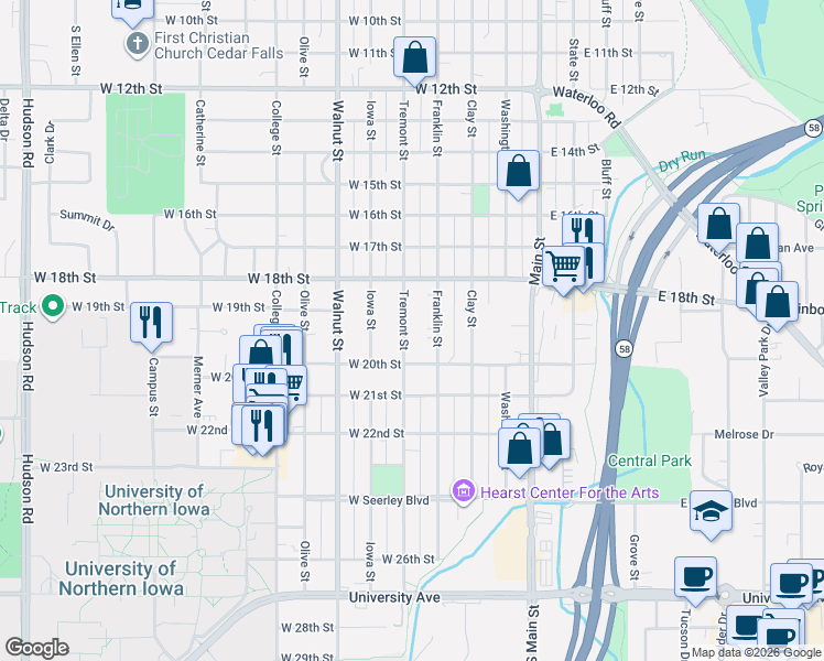 map of restaurants, bars, coffee shops, grocery stores, and more near 1917 Tremont Street in Cedar Falls