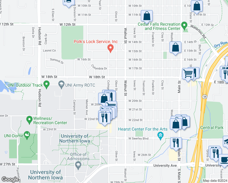 map of restaurants, bars, coffee shops, grocery stores, and more near 1924 College Street in Cedar Falls