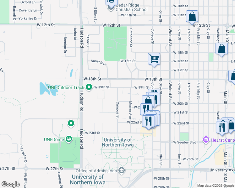 map of restaurants, bars, coffee shops, grocery stores, and more near 1215 West 20th Street in Cedar Falls
