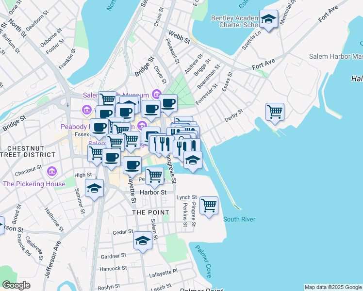 map of restaurants, bars, coffee shops, grocery stores, and more near 4 Wharf Street in Salem