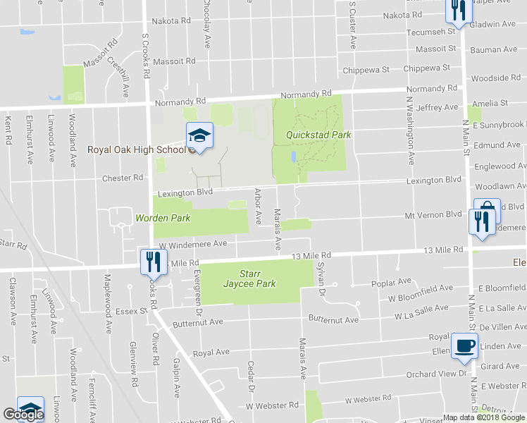 map of restaurants, bars, coffee shops, grocery stores, and more near 1123 Lexington Boulevard in Royal Oak