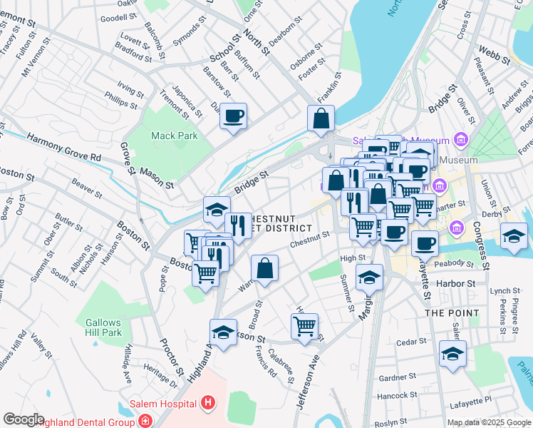 map of restaurants, bars, coffee shops, grocery stores, and more near 358 Essex Street in Salem