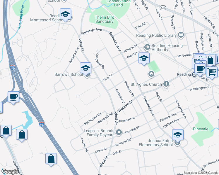 map of restaurants, bars, coffee shops, grocery stores, and more near 277 Fremont Street in Reading