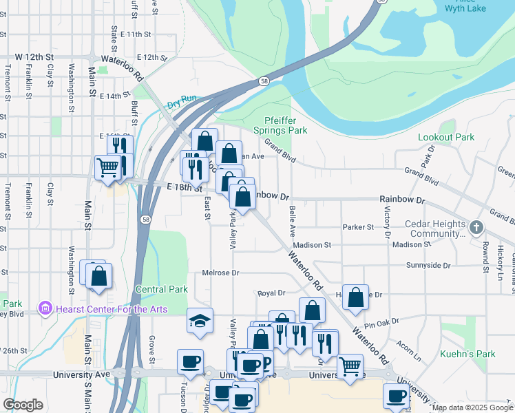 map of restaurants, bars, coffee shops, grocery stores, and more near 1922 Waterloo Road in Cedar Falls