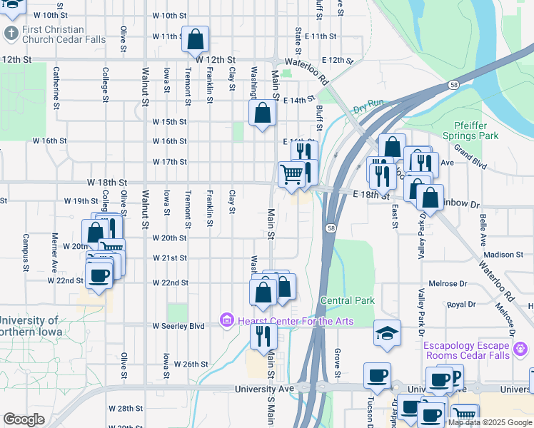 map of restaurants, bars, coffee shops, grocery stores, and more near 1915 Main Street in Cedar Falls