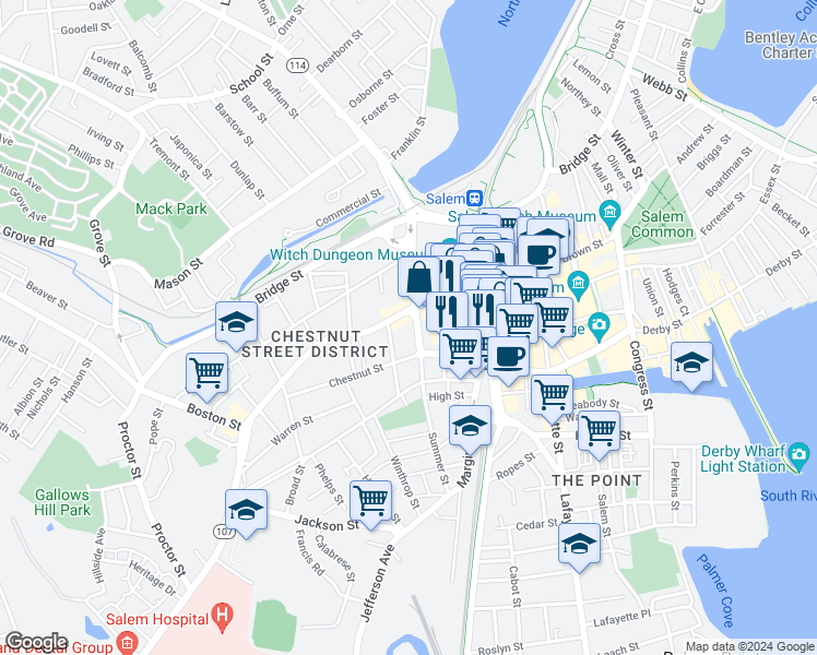 map of restaurants, bars, coffee shops, grocery stores, and more near 18 Summer Street in Salem