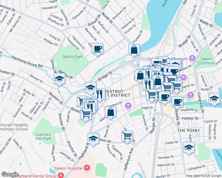 map of restaurants, bars, coffee shops, grocery stores, and more near 358 Essex Street in Salem