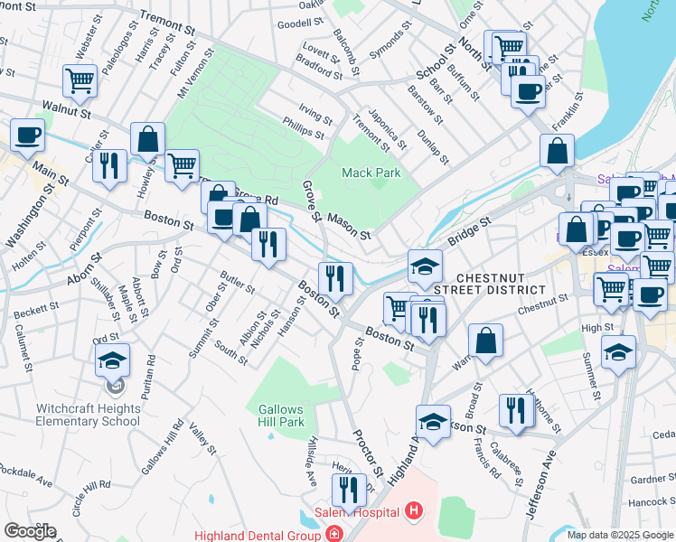 map of restaurants, bars, coffee shops, grocery stores, and more near 28 Goodhue Street in Salem