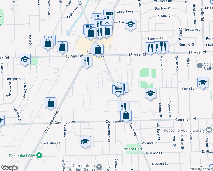 map of restaurants, bars, coffee shops, grocery stores, and more near 30543 Concord Court in Roseville
