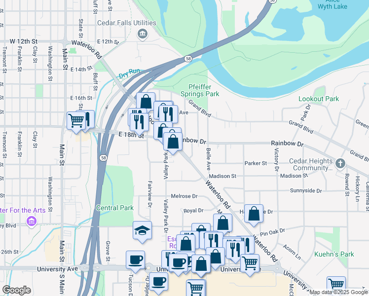 map of restaurants, bars, coffee shops, grocery stores, and more near 1928 Elmwood Avenue in Cedar Falls