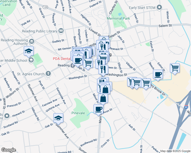 map of restaurants, bars, coffee shops, grocery stores, and more near 14 Crosby Road in Reading