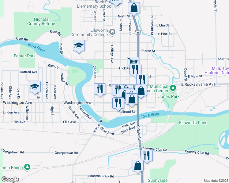 map of restaurants, bars, coffee shops, grocery stores, and more near 809 Estes St in Iowa Falls
