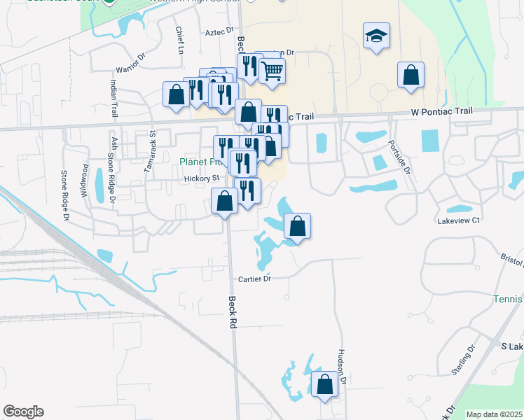 map of restaurants, bars, coffee shops, grocery stores, and more near 30662 Ardmore Court in Novi