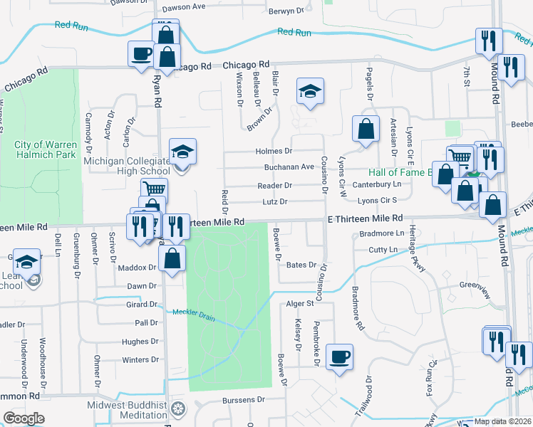 map of restaurants, bars, coffee shops, grocery stores, and more near 4670 East Thirteen Mile Road in Warren
