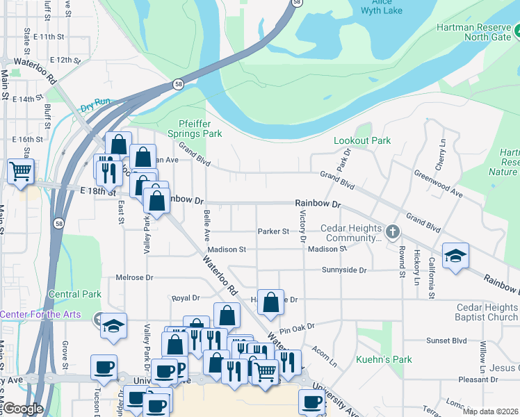map of restaurants, bars, coffee shops, grocery stores, and more near 1303 Rainbow Drive in Cedar Falls
