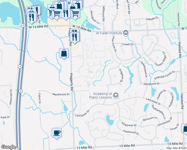 map of restaurants, bars, coffee shops, grocery stores, and more near 30811 Crest Forest in Farmington Hills