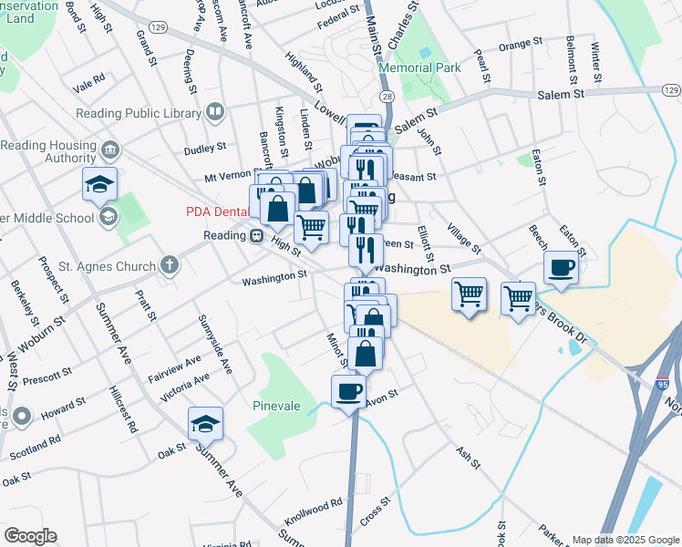 map of restaurants, bars, coffee shops, grocery stores, and more near 139 Washington Street in Reading