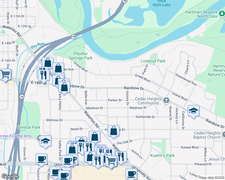map of restaurants, bars, coffee shops, grocery stores, and more near 1319 Rainbow Drive in Cedar Falls
