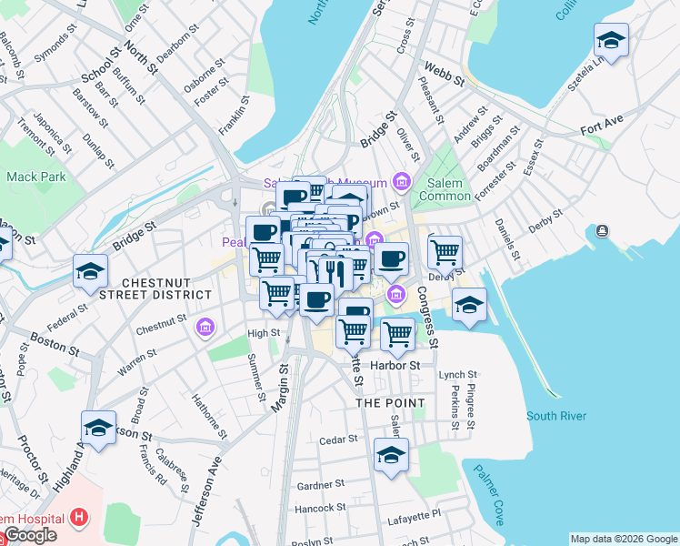 map of restaurants, bars, coffee shops, grocery stores, and more near 21 Front Street in Salem