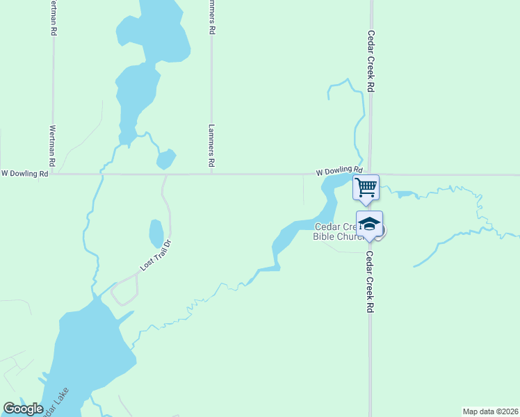 map of restaurants, bars, coffee shops, grocery stores, and more near 2347 West Dowling Road in Delton