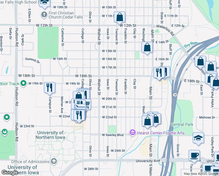 map of restaurants, bars, coffee shops, grocery stores, and more near 1910 Iowa Street in Cedar Falls