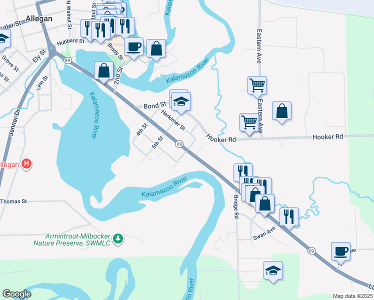 map of restaurants, bars, coffee shops, grocery stores, and more near 140 Division Street in Allegan