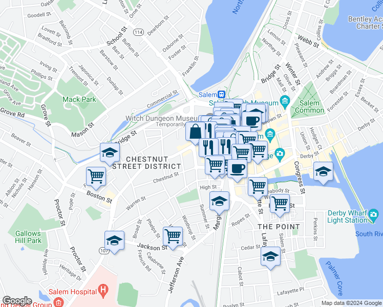 map of restaurants, bars, coffee shops, grocery stores, and more near 18 Summer Street in Salem