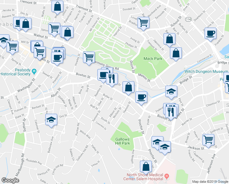 map of restaurants, bars, coffee shops, grocery stores, and more near 30 Butler Street in Salem