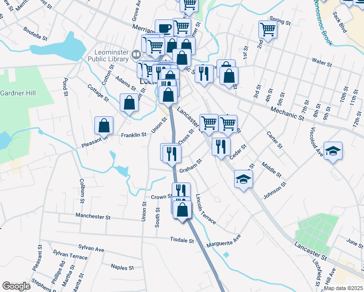 map of restaurants, bars, coffee shops, grocery stores, and more near 160 Central Street in Leominster