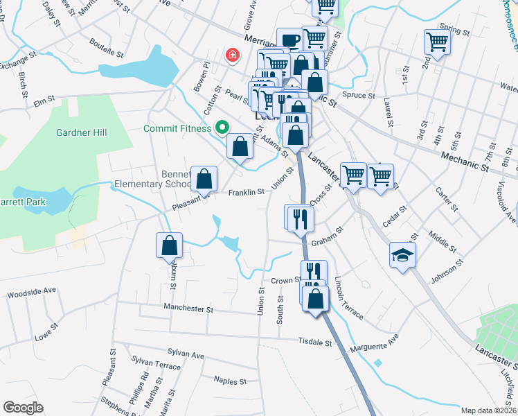 map of restaurants, bars, coffee shops, grocery stores, and more near 75 Union Street in Leominster