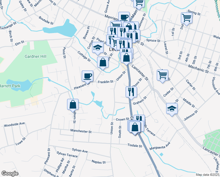map of restaurants, bars, coffee shops, grocery stores, and more near 75 Union Street in Leominster
