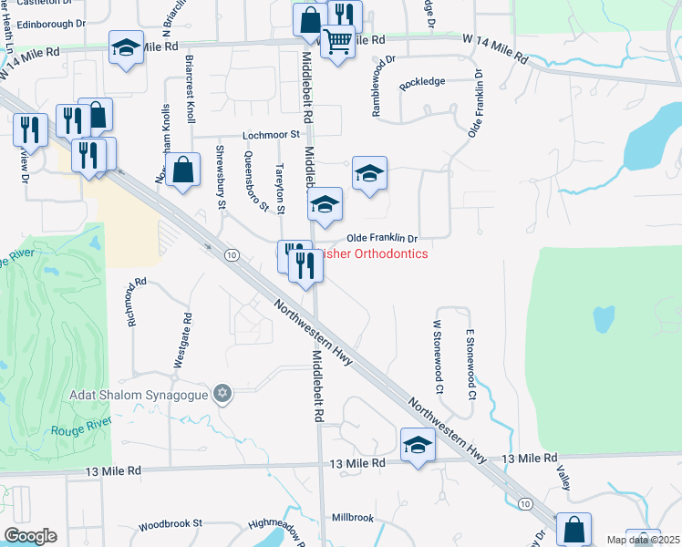 map of restaurants, bars, coffee shops, grocery stores, and more near 31700 Middlebelt Road in Farmington Hills