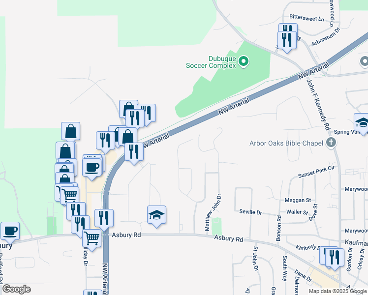 map of restaurants, bars, coffee shops, grocery stores, and more near 2552 Hilton Springs Drive in Dubuque