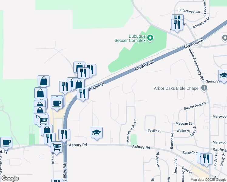 map of restaurants, bars, coffee shops, grocery stores, and more near 2552 Hilton Springs Drive in Dubuque